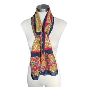 Vintage Georgiou 55 x 16 In Silk Scarf Japan Navy Red‎ & Gold Medallion Nautical